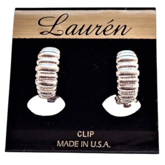 Lauren Rib Lined Band Clip On Earrings 5/8" Silver Tone Vintage Curved Bands - Picture 3 of 3